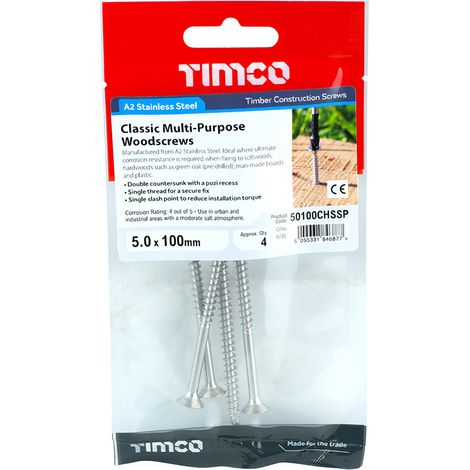TIMCO Classic Multi-Purpose Countersunk A2 Stainless Steel Woodcrews - 5.0 x 100