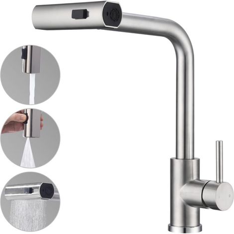 Robinet de cuisine extensible avec 3 types de jet, robinet d'évier avec douchette, robinet de cuisine pivotant à 360°, mitigeur de cuisine en acier inoxydable brossé