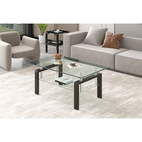 Tavolino da caffè 100x60x44 cm, a 2 ripiani, salvaspazio, montaggio semplice, vetro e metallo trasparente (1/5)