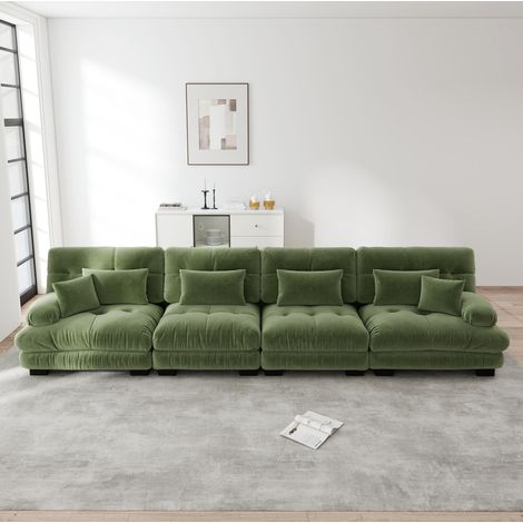 Canapé d'angle modulare 4 posti in chenille verde, seduta profonda e configurazione personalizzabile (1/5)