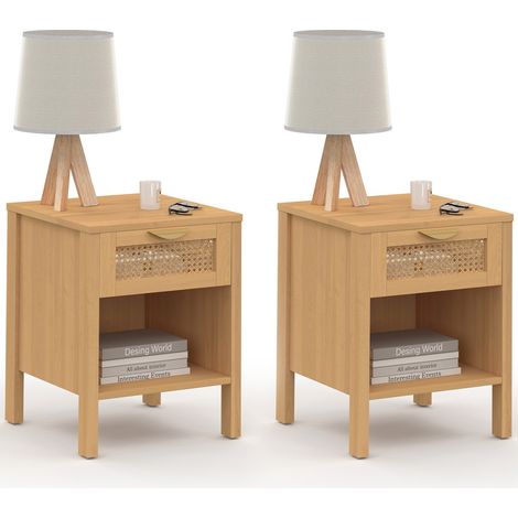 Idmarket – Lot de 2 tables de chevet 1 tiroir – Niche inférieure – Cannage plastique – Bois naturel – Dimensions 40x40x50cm