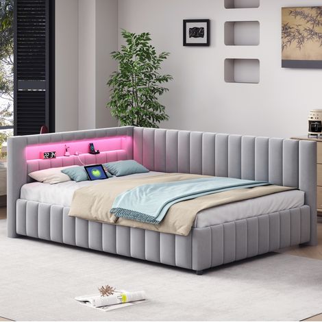 Sofá cama 140x200 cm gris tapizado en terciopelo, con LED, USB y respaldo (1/5)