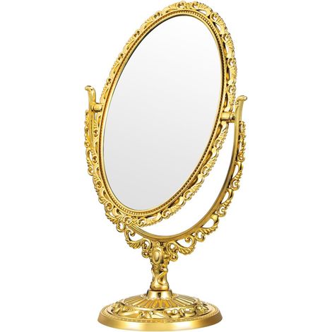 Miroir cosmétique ovale doré avec double face style européen miroir rotatif pour la maison, la salle de bain et la chambre à coucher, fabriqué en plastique et verre (1/5)
