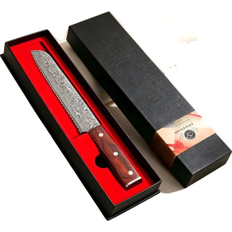 Cuchillo para pan, acero de Damasco, mango ergonómico, cuchillo para pan (1/2)