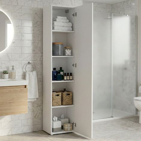 Dmora Columna colgante con 1 puerta, Made in Italy, Mobiliario moderno, Armario multiusos con 1 puerta y 4 estantes, 40x30h180 cm, color blanco brillante, con embalaje reforzado (1/5)