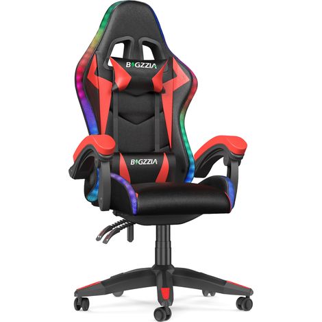 Ergonomischer Gaming-Stuhl mit RGB-LEDs – Hohe Rückenlehne mit 155° Neigung – Kunstleder – Belastbarkeit: 136 kg – 360° drehbar – Rot