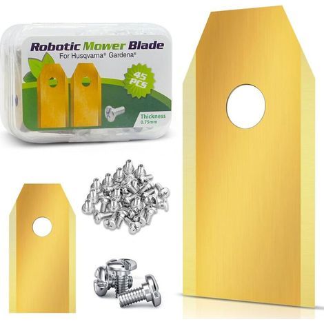 45 couteaux de rechange pour tondeuse à gazon + 45 vis, lames en titane, adaptées aux tondeuses robotisées Husqvarna Automower/Gardena, 35 x 18 x 0,75 mm, or
