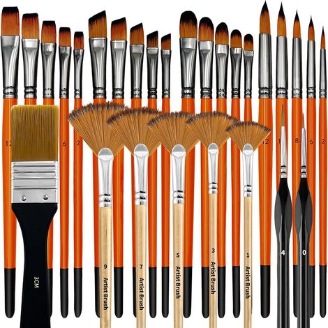 Lot de 28 pinceaux professionnels pour peinture à l'aquarelle et à la gouache, poils en nylon, manche en bouleau avec rond/filbert/plat/éventail/angle/détails fins pour débutants, étudiants, artistes, (1/5)