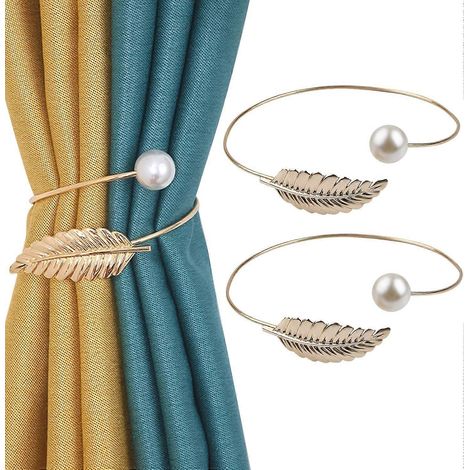 Lot de 2 embrasses de rideaux torsadées aléatoires - Boucles décoratives en corde et perles en forme de feuille pour la maison ou le bureau (doré) (1/5)