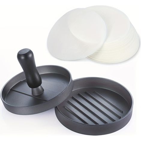 Presse à hamburger avec revêtement antiadhésif, poignée noire, 100 feuilles de papier cuisson, alliage aluminium, cuisine (1/5)