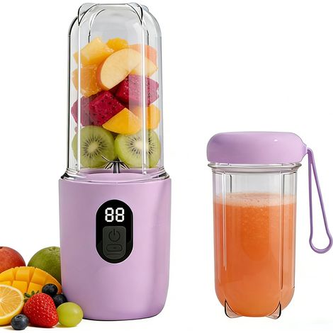 Mixeur portable 500 ml avec affichage numérique et 16 lames en acier inoxydable, mini centrifugeuse rechargeable USB-C, sans BPA, pour milkshakes, pour cuisine, voyage, salle de sport (violet) (1/5)