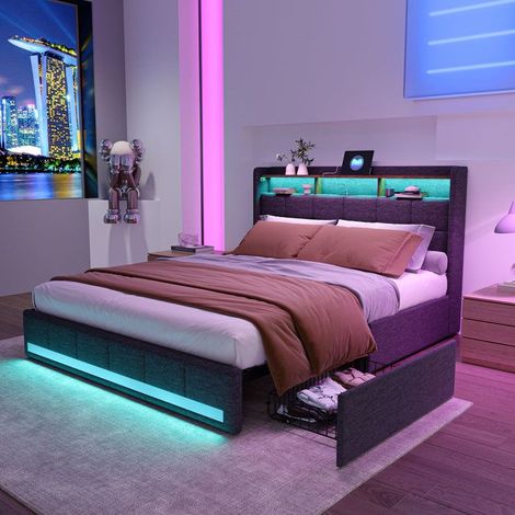 Bettgestell 160x200 cm - 231205TT - LED - Mit 4 Schubladen - Ladefunktion - Leinen - Zeitgenössisch - 160x200 cm - grau (1/5)