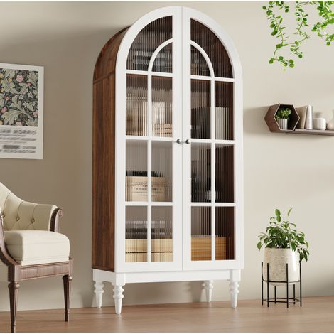 Vitrine en arche 165 cm à double porte en verre strié, 3 niveaux, MDF, blanc et noyer, REDOM (1/5)