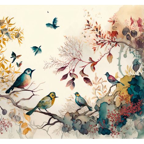 papier peint panoramique feuilles de la jungle tropicale et oiseaux de paradis beige, bleu et jaune - Sanders & Sanders (1/4)