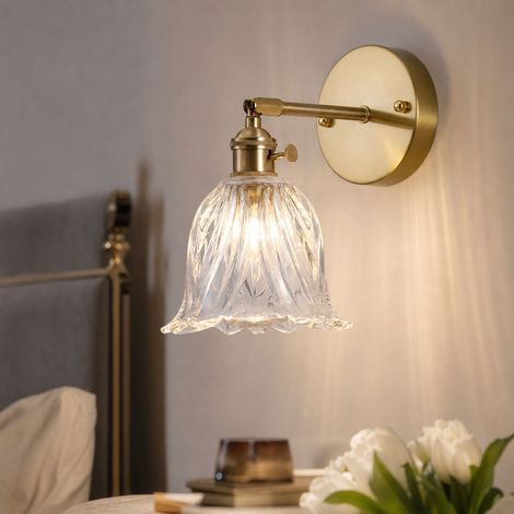 Applique murale rétro en verre épais et fer, interrupteur intégré, tête orientable 90°, culot E27, design élégant pour chambre et salon (1/5)