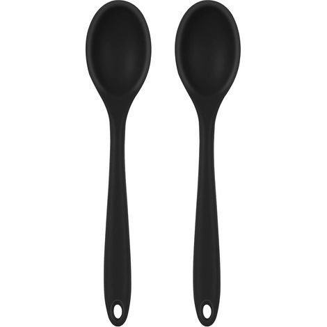 2 Pices Cuillres De Cuisine En Silicone(noir), 20 Cm Cuillre De Service Rsistantes  La Chaleur Pour Mlanger La Cuisine, Long Manche En Cuillres Po (1/5)