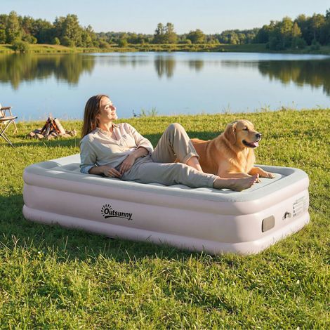 Matelas gonflable, pompe électrique intégrée, surface floquée, imperméabilité 5000 mm, sac de transport, 190 x 97 x 39 cm, kaki (1/5)