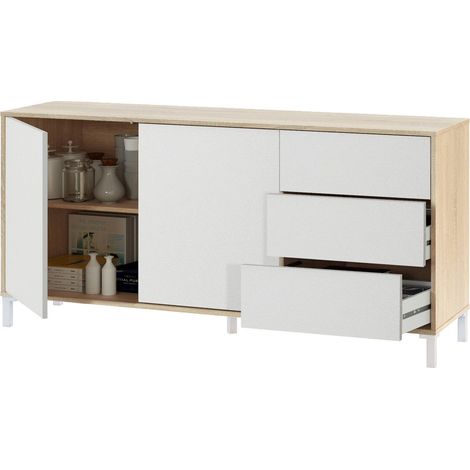Credenza Ardelia, Buffet da soggiorno, Mobile porta TV, Armadio per salotto, Madia moderna a 2 ante e 3 cassetti, 154x41h74 cm, Rovere e Bianco