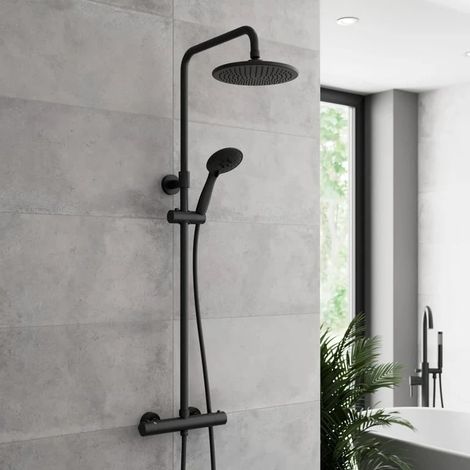 Thermostatic Mixer Shower Round Dual Head Riser Rail Handset Cool Touch Black (1/5)