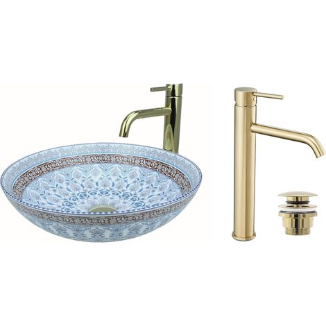 GTM Design Aufsatzwaschbecken 40 cm Glanz Set mit Waschtischbatterie und Stopfen - Aufsatzwaschbecken Oval für Badezimmer - Modernes Waschbecken ohne Hahnloch - Waschbecken mit Armature (1/5)
