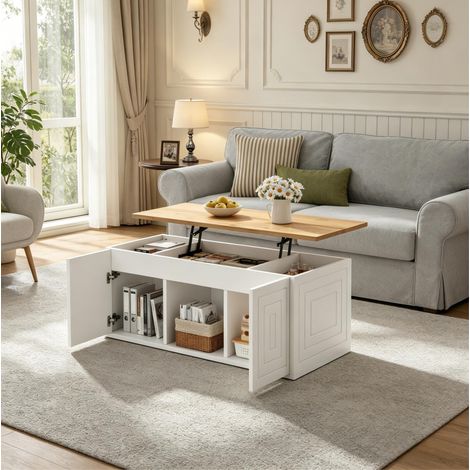 Tavolino da salotto in pannello truciolare bianco e naturale 95 cm, altezza regolabile con contenitore (1/5)
