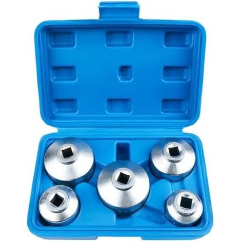 5-teiliger Ölfilterschlüsselsatz aus Kohlenstoffstahl mit den Größen 24 mm, 27 mm, 32 mm, 36 mm und 38 mm, entwickelt für gleichbleibende Leistung bei der Motorwartung (blaue Schachtel). (1/5)