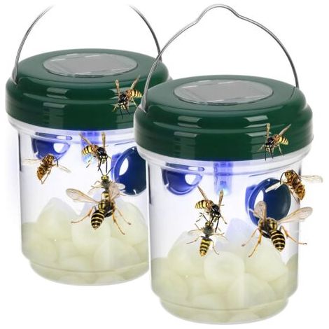 QORVA-Piège solaire 2 en 1 contre les moustiques et les guêpes, avec capteur crépusculaire et lumière LED bleue. Répulsif anti-insectes (lot de 2, vert, à énergie solaire).