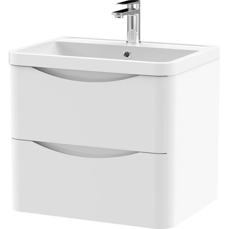 Balterley Dunwood Contemporary Bathroom Wall Hung 2 Drawer Vanity & Polymarble Basin, Satin White, 600mm (1/5)