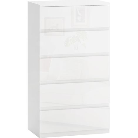Cassettiera Moderna 5 Cassetti Antiribaltamento in Legno, 55x33x100 cm, Bianco Lucido