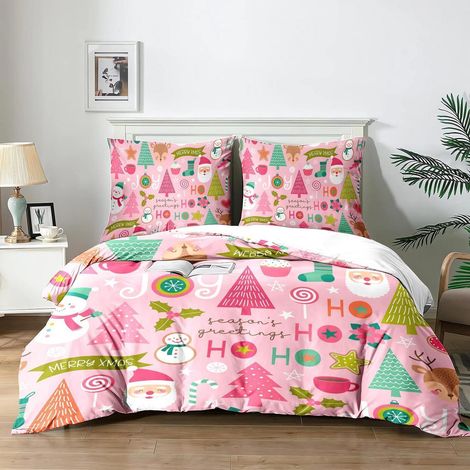 Parure de lit de Noël 3 pièces 140x200cm avec motif renne et 2 taies d'oreiller 65x65cm