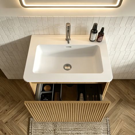 Lavabo con mueble, 60 cm, cajones amplios, diseño de ranuras verticales, MDF y contrachapado, color roble (1/5)