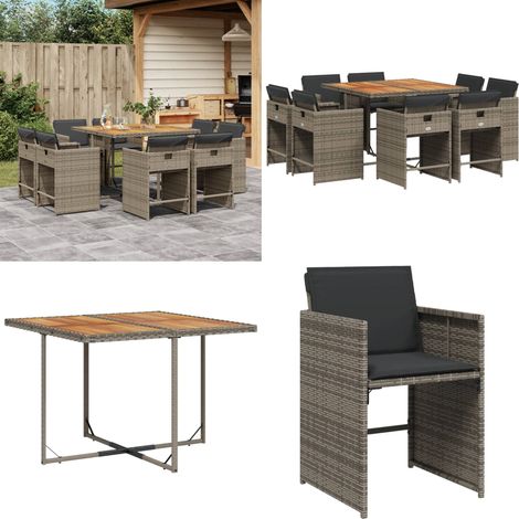 9-tlg. Garten-Essgruppe mit Kissen Grau Poly Rattan - Gartentisch - Gartenmöbelset - Esstisch - Gartenlounge - Outdoor Möbel - Home & Living (1/5)