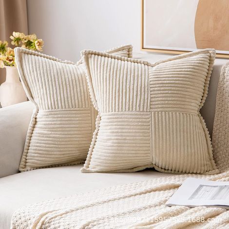 Housse Coussin Canapé 40x40 Taie Oreiller Lot de 2 en Velours Côtelé Beige à Motif Croisé Decoration Chambre Salon de Jardin Fauteuil Chaise Lit Boheme Scandinave (1/4)