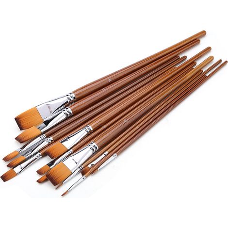 13 pinceaux à poils de nylon pour aquarelle et peinture à l'huile (pointes plates), manches en bois, matériel d'art professionnel (1/5)