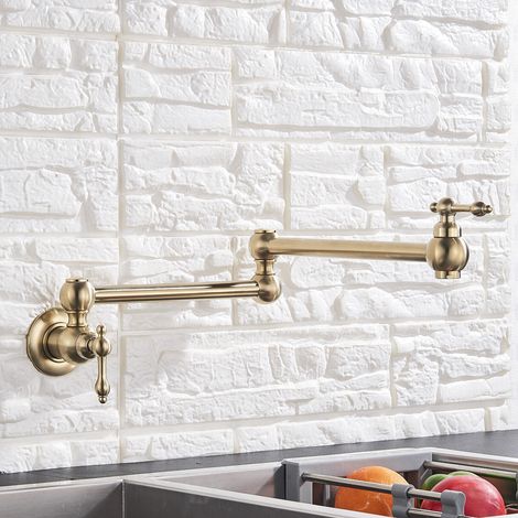 Robinet de cuisine pliable en or brossé, robinet d'évier monotrou froid, buse pivotante et pliante, montage mural(Brushed Golden) (1/5)