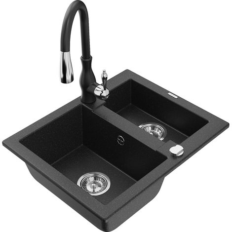 Mexen Carlos fregadero de granito de 1,5 senos con grifo de cocina Savita, negro/metálico plateado - 6518-73-672601-70 (1/5)