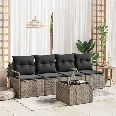 Sofa Set mit Kissen 5 pcs Grau Poly Rattan (1/5)