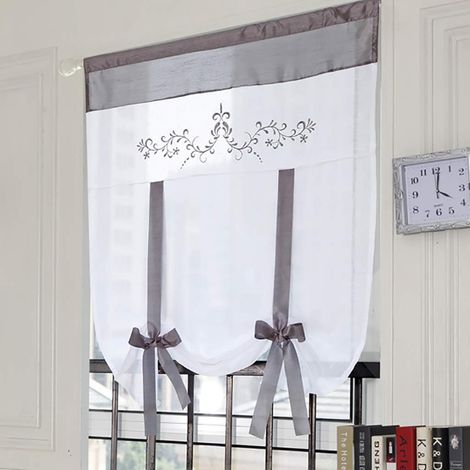 Store simple, gris, 60x140 cm, avec rideau en tulle brodé, tissu polyester, adapté pour chambre, cuisine, salle de bain, salon, balcon. (1/5)
