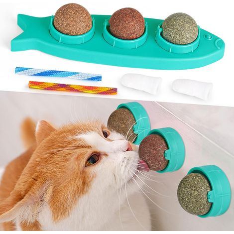 Boule À Herbe À Chat - Jouet Rotatif Comestible Pour Léchage Et Brossage De Dents - Avec Brosse À Doigts Et Ressorts Interactifs - Ensemble 3 Pièces (1/5)