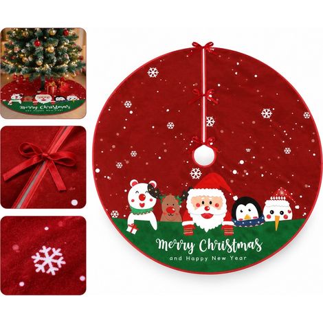 Jupe de Sapin en Velours Rouge Motif Personnages de Noel 90 cm de Diametre Decoration de Noel pour Sapin (1/5)