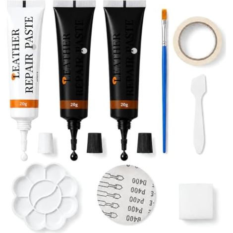 Kit de Réparation Cuir Noir et Blanc 60g, Pâte Réparatrice Simili Cuir avec Accessoires pour Canapé, Siège Auto, Chaussures, Veste et Portefeuille, Restaure Rayures et Fissures (1/4)