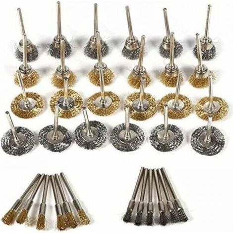 36 Piece Set of Brass Steel Wire Brushes for Drills, Ballpoint Pen Shape, Wheel Polishing Cleaning Rotary Tool (1/4)