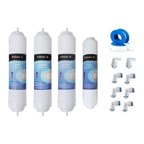 Set mit 4 Umkehrosmosefiltern – 5-Mikron-PP-Vorfilter – CTO-Aktivkohleblock-Vorfilter – T33-Nachfilter für optimale Reinigung