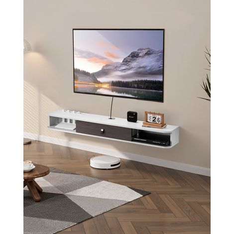 Meuble TV flottant, 140 cm, console multimédia murale avec passe-câbles, étagère TV flottante moderne en panneaux de particules avec rangement, pour lecteur DVD, décodeur, console de jeux, blanc (1/5)
