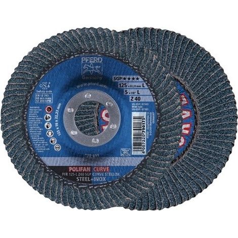 Muela abanico Ø 125 mm (12200 tr/mn), POLIFAN® SG-ZIRKON-CURVE, radiale, Grano : 40, Ancho : des soldaduras de ángulo de 5 mm