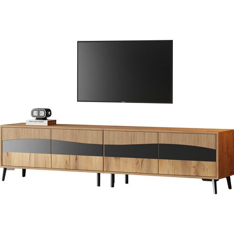 TV Schrank mit 4 Türen und 8 Beinen, für 75 Zoll Fernseher, aus Spanplatte, Natur und Schwarz 180 × 40 × 50 cm (1/5)