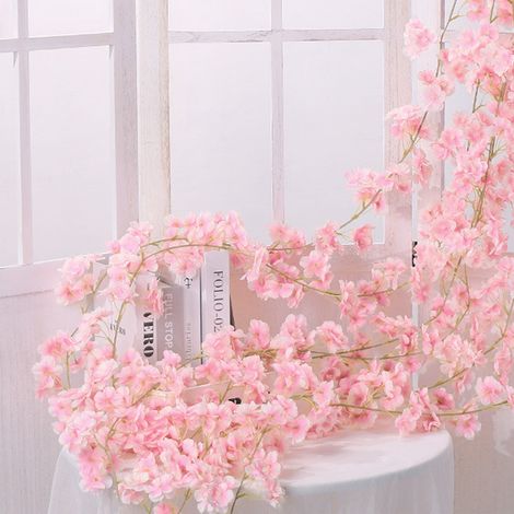 Fleurs artificielles en rotin, guirlande de 1,8 m, 135 fleurs, rose chair, en soie et plastique, à suspendre. (1/5)