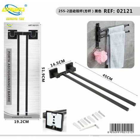PORTE-SERVIETTES 2 BARRES SUPPORT MURAL SALLE DE BAIN NOIR HOME ROD 02121