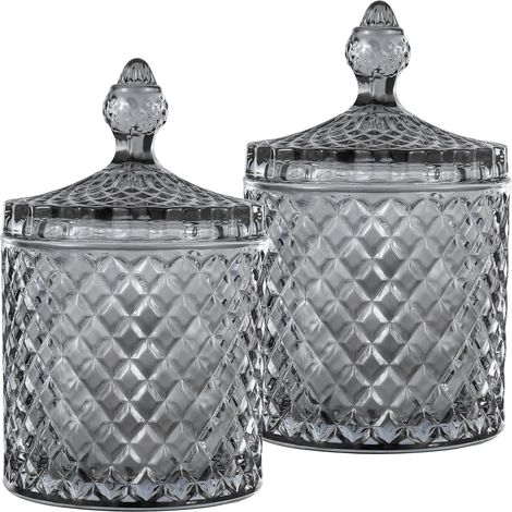 Lot de 2 Pots en Verre Gris - Design Facetté - Distributeur Coton et Q-tips - Rangement Salle de Bain et Cuisine - Diamètre 8 cm (1/5)