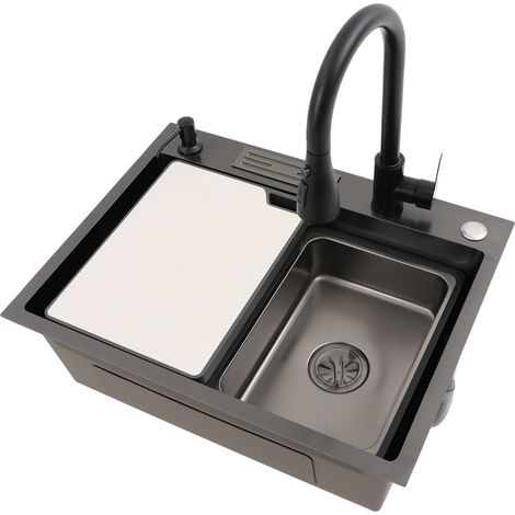Évier de cuisine noir avec robinet coulissant, 60 x 45 cm, évier monobasain avec planche à découper en acier inoxydable, équipé d'un siphon et d'un trop-plein (1/5)